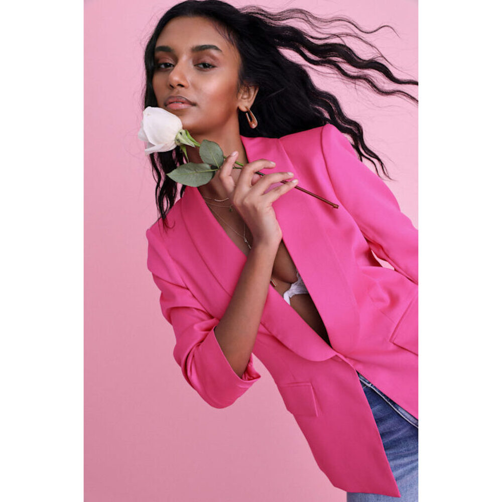 Lulus Back In Business Hot Pink Ruched Sleeve Blazer - Size M